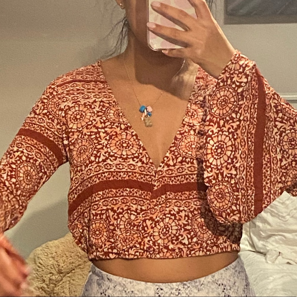 Boho low cut cropped top with exaggerated sleeves